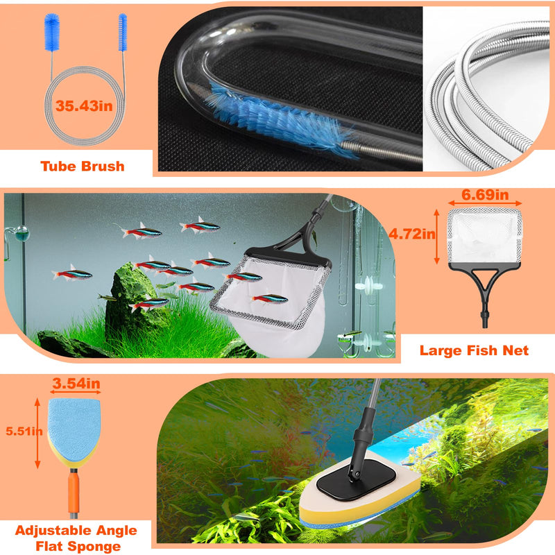 7-in-1 Aquarium Cleaning Tool, Fish Tank Cleaner with Telescopic Handle,Aquarium Scraper,Adjustable Angle Brush,Gravel Rake,Plant Fork,Adjustable Angle Flat Sponge,Large Fish Net,Hose Brush - PawsPlanet Australia