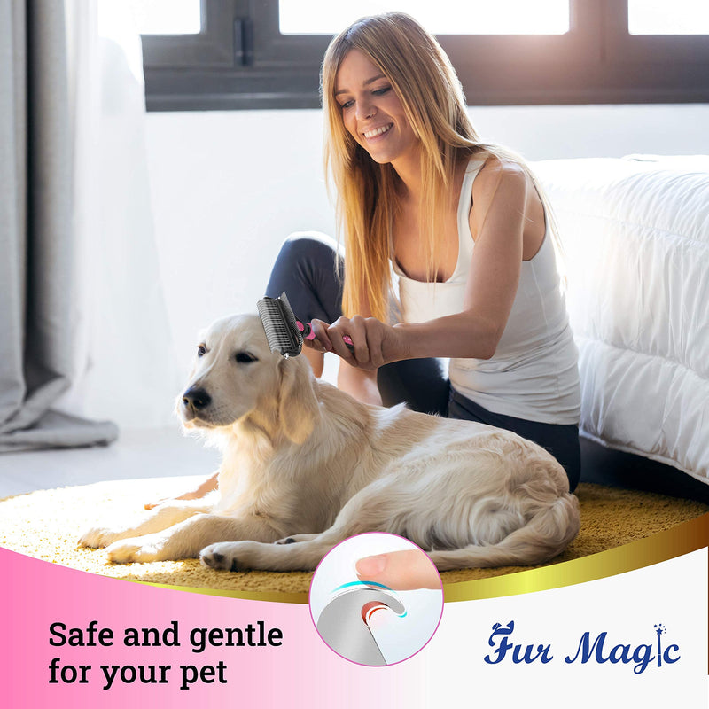 Fur Magic Deshedding and Dematting Comb Double Sided Undercoat Rake Pet Grooming Brush Removing Mats, Knots & Tangles for Dogs and Cats with Long and Medium Hair, Pink L - PawsPlanet Australia