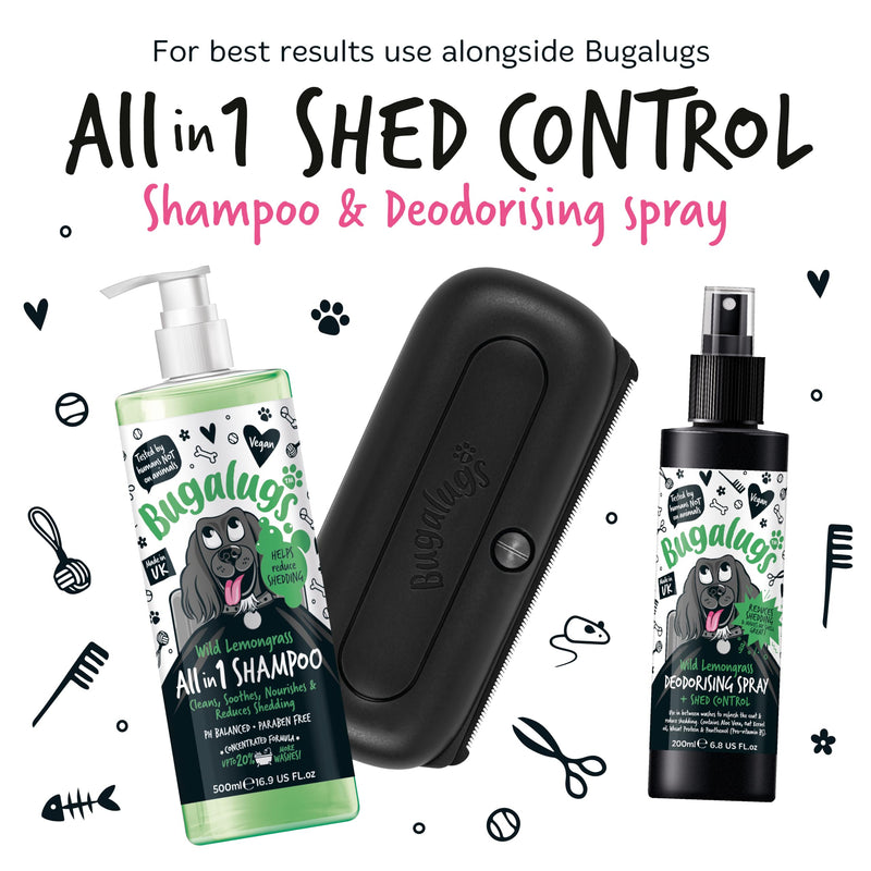 Bugalugs Deshedding Brush for Dogs, Cats, Horses - Pet Grooming Tool that is Gentle & Effective With Wide Shallow Comb, Smooth Groomer for Dog, Cat and Horse (Black) Black