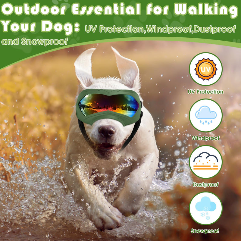 Dog Sunglasses, Dog Goggles for Large and Medium Breed with Adjustable Strap, UV Protection, Windproof, Waterproof, Dustproof and Snowproof, Dogs Eyes Protection, Wide Snout Rest, Soft Frame, Green A Green Frame+Color Lens - PawsPlanet Australia