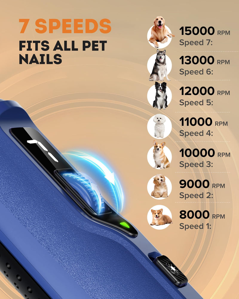 YABIFE 7-Speed Pet Nail Grinder with Light – Heavy Duty, Whisper Quiet Nail Trimmer for Dogs, Cats, Birds & Small Animals – Single-Handed Operation Dark Blue - PawsPlanet Australia