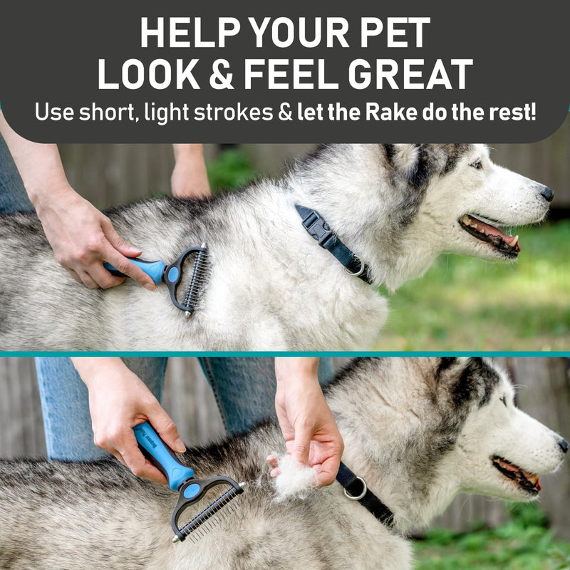 Maxpower Planet Pet Grooming Brush and 2X Grooming Gloves Combo - Double Sided Dematting, Deshedding Undercoat Rake for Dogs and Cats - Reduce Shedding Easily - Blue A1 - Rake & Glove (Best Value) - PawsPlanet Australia