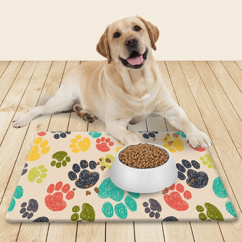 Rest-Eazzzy 30" x 18" Dog Food Mats for Floors Waterproof, Anti-Slip Dog Mat for Food and Water, Large Pet Feeding Mats for Dogs & Cats, Dog Bowl Mat Prevents Spills, Easy Clean, Multipattern 30*18 in Rainbow Paw Prints