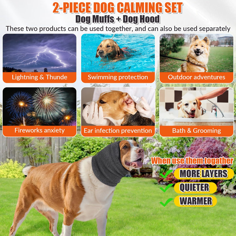 Eyein Dog Ear Protectors - 2 Packs Dog Ear Defenders and Snood Set, Upgrade Calming Ear Muff and Hood Adjustable for Anxiety Relief, Breathable Pet Head Cover Wrap for Noise Cancelling Medium Grey