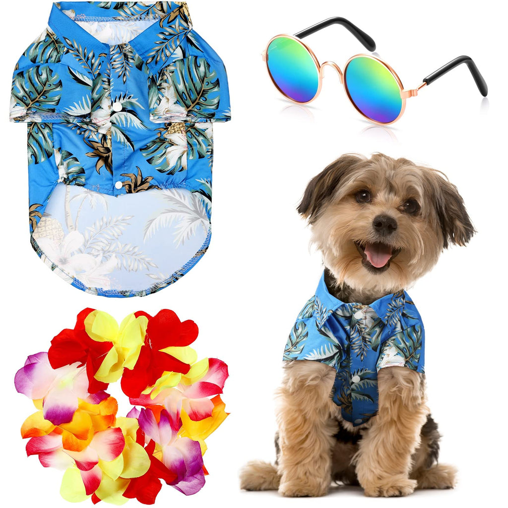 Geyoga 3 Pieces Pet Dog Hawaiian Costume, includes Puppy Dog's Cool T-Shirts Summer Clothes, Funny Cute Dog Retro Fashion Sunglasses and a Colorful Wreath for Small to Medium Dog (Blue Series) Blue Series