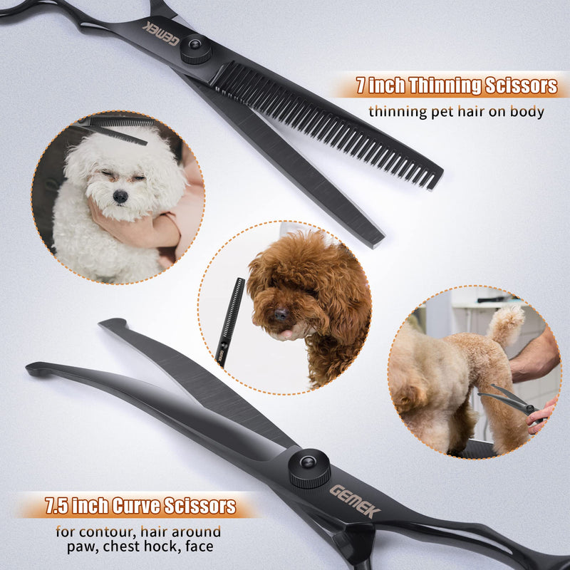 Dog Grooming Scissors Kit with Safety Round Tips, GEMEK Professional 6 in 1 for Dogs, Heavy Duty Titanium Coated Pet Scissor Cats and Other Animals (Black) (GD0051) Black 6 in 1 - PawsPlanet Australia