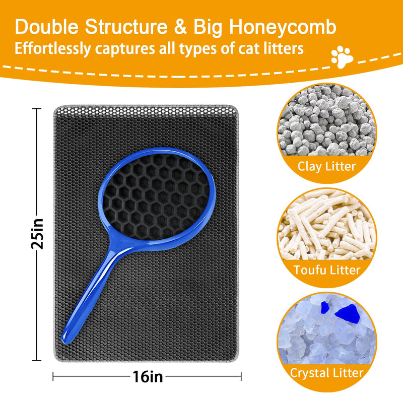 Cat Litter Mat Litter Trapping Mats, 25"x16" Cat Litter box Mat for Floor, 2 Layer Honeycomb Pet Litterbox Matt Catcher Rug, Waterproof Urine Proof, Non-Slip, Soft, Clean Easily, Small Gray-S 25x16 inch - PawsPlanet Australia