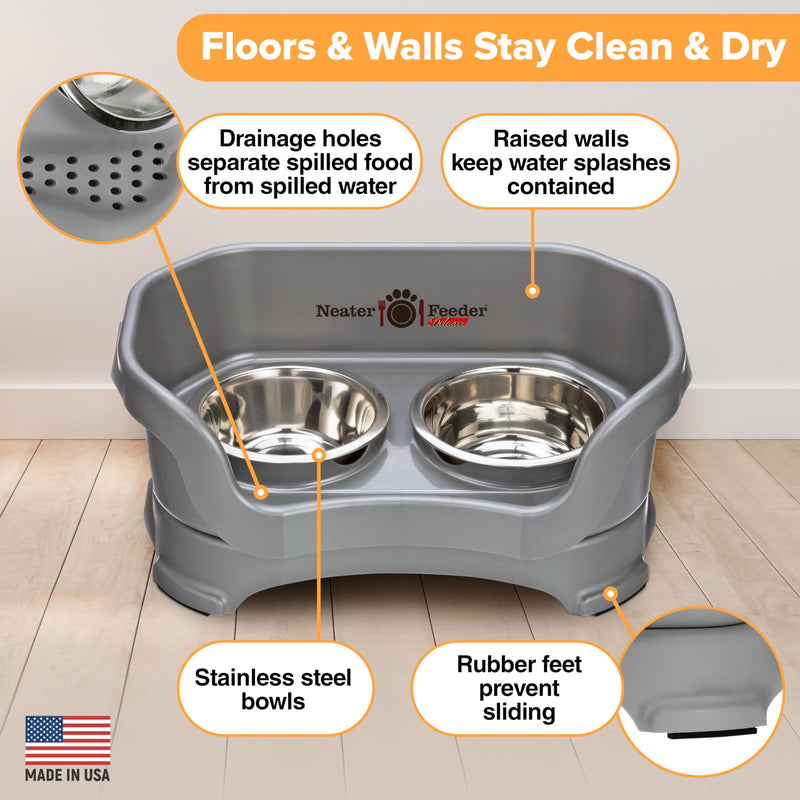 Neater Feeder Deluxe Mess Proof Cat Bowls Elevated for All Breeds – Made in USA – No Spill Raised Bowls for Indoor Cats – Stainless Steel Food and Water Bowl Set, Pet Dish Feeding Station, Grey Gunmetal Grey - PawsPlanet Australia