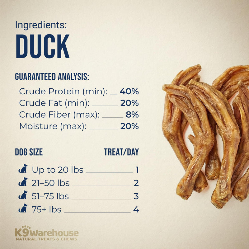 K9warehouse Duck Feet for Dogs – High Protein Dehydrated Dog Treats, Natural Crunchy Chews with Collagen, Glucosamine & Chondroitin for Joint & Hip Health, Dental Care, Small to Large Breeds (30 pcs) 30 Count - PawsPlanet Australia