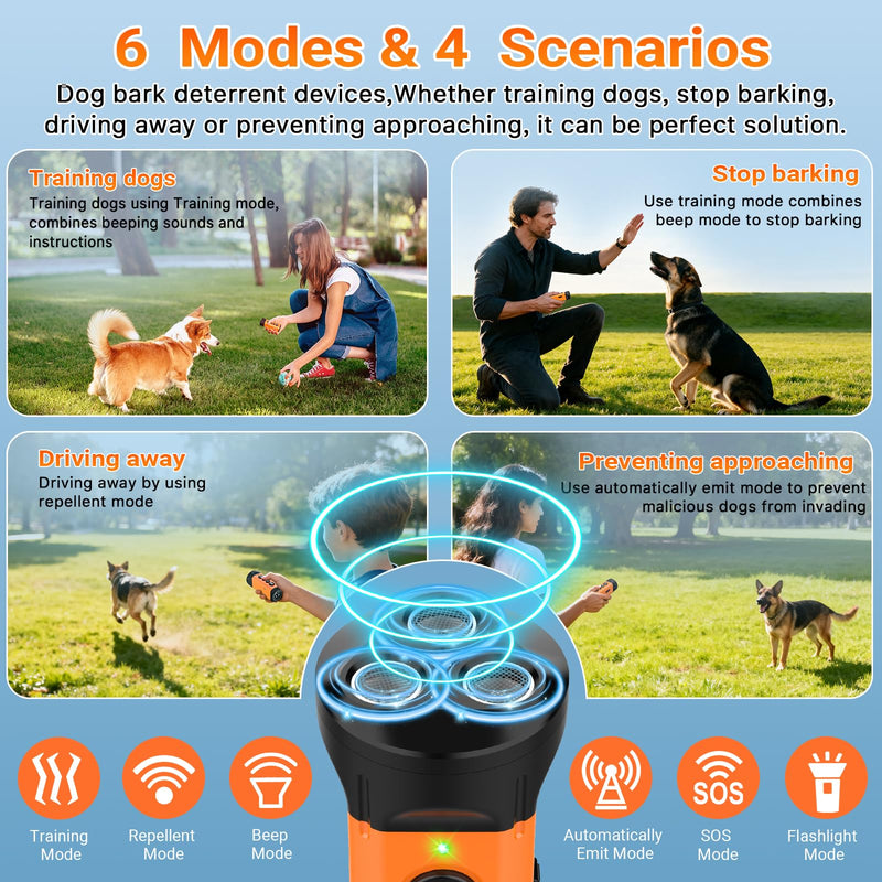 Dog Bark Deterrent Device,3X Anti Barking Device,6 Training Modes&4 Using Scenarios Dog Whistle to Stop Barking,50FT Range Ultrasonic Dog Repeller,Indoors&Outdoors Dog Barking Silencer orange