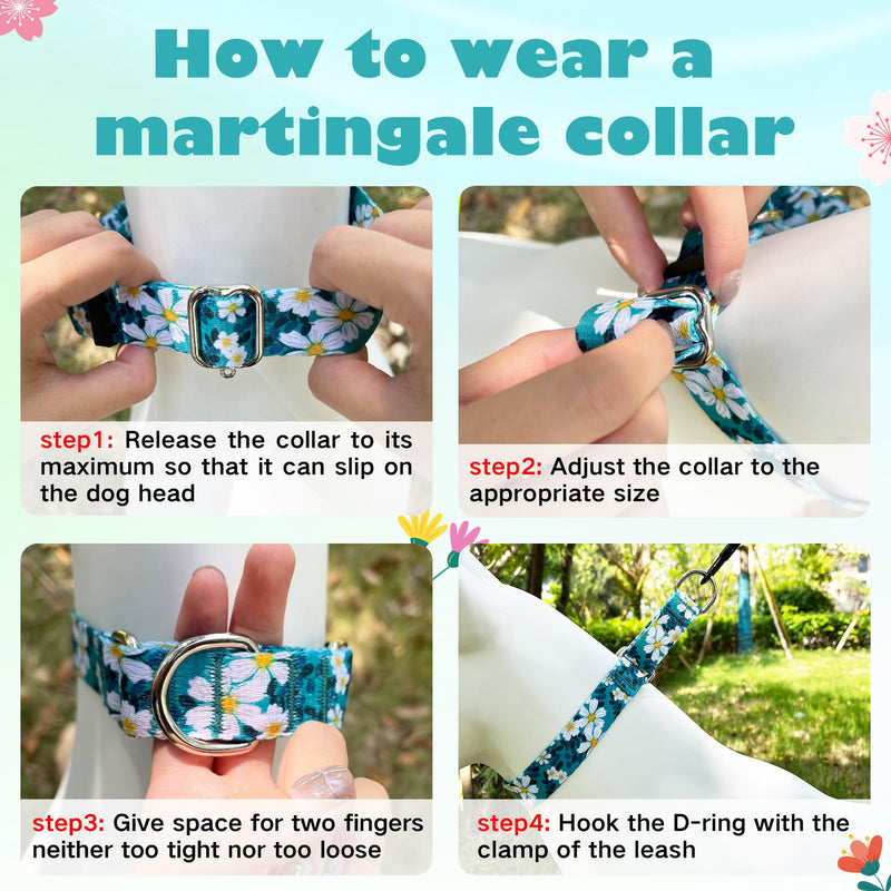 Hikiko Martingale Collar for Dogs with No Buckle Floral Daisy Dog Collar Soft Nylon No Pull Dog Collars for Small Dogs,Green Flower,S Green Flower