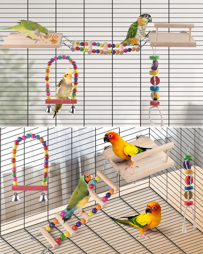 5in1 Bird Parakeet Toys, Detachable Birdie Perches Platform Swing with Climbing Ladder, Parrot Cage Stand Accessories, Wooden Playing Gyms for Conure Cockatiel Lovebird Finch Budgerigar Pigeon - PawsPlanet Australia