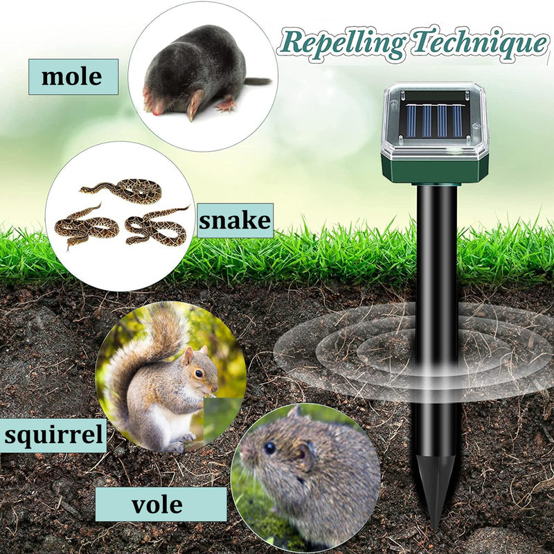 Mole Repellent 10 Pack, Animal Repeller Solar Powered Snake Ultrasonic Gopher Deterrent, Outdoor Waterproof Vole Vibration Stakes,Sonic Spike for Rodent Groundhog Snake Chipmunk