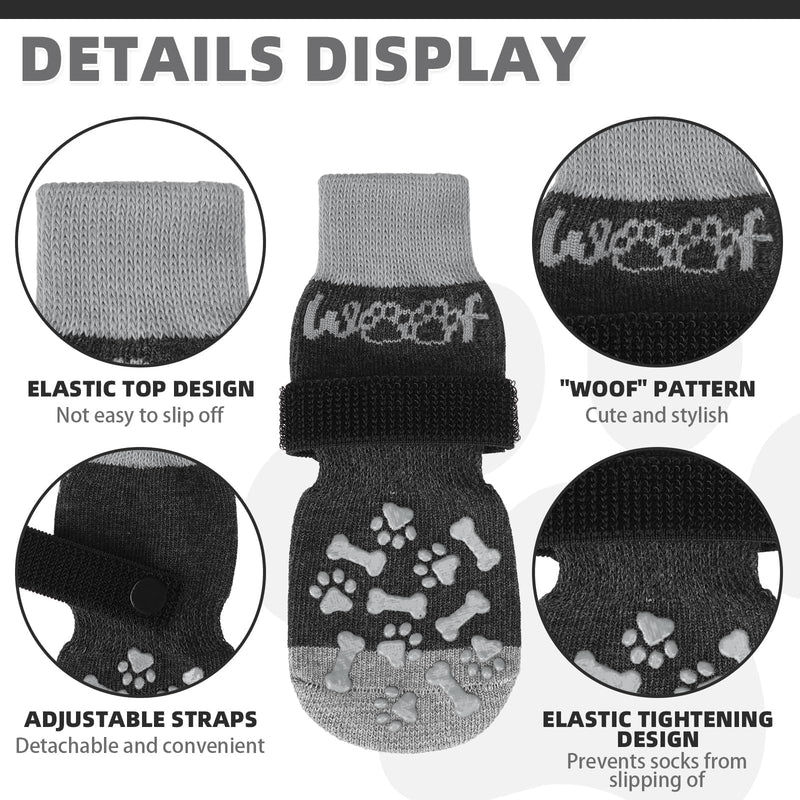 KOOLTAIL Non-Slip Dog Socks for Hardwood Floors, Dog Socks with Grippers for Hot/Cold Pavement, Outdoor Dog Shoes Booties&Paw Protector to Prevent Licking for Small Medium Large Senior Dogs, Grey SM Small/Medium Grey with Woof Pattern - PawsPlanet Australia