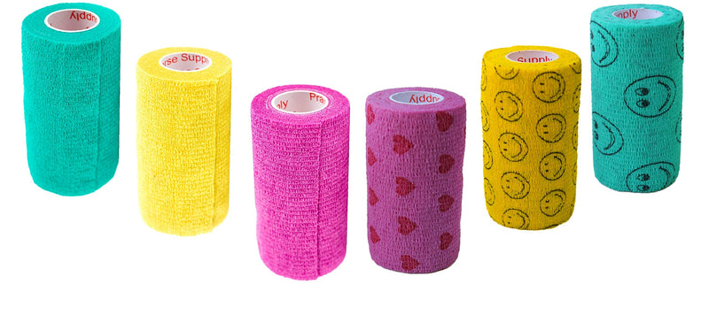 3 Inch Self Adhesive Medical Bandage Wrap Sport Tape (Green, Yellow, Plum, Smiles on Yellow and Green & Hearts) (6 Pack) Strong Elastic Self Adherent Flex Rolls for Wrist Ankle Knee Sprains Swelling Assorted 2 6 Count (Pack of 1) - PawsPlanet Australia