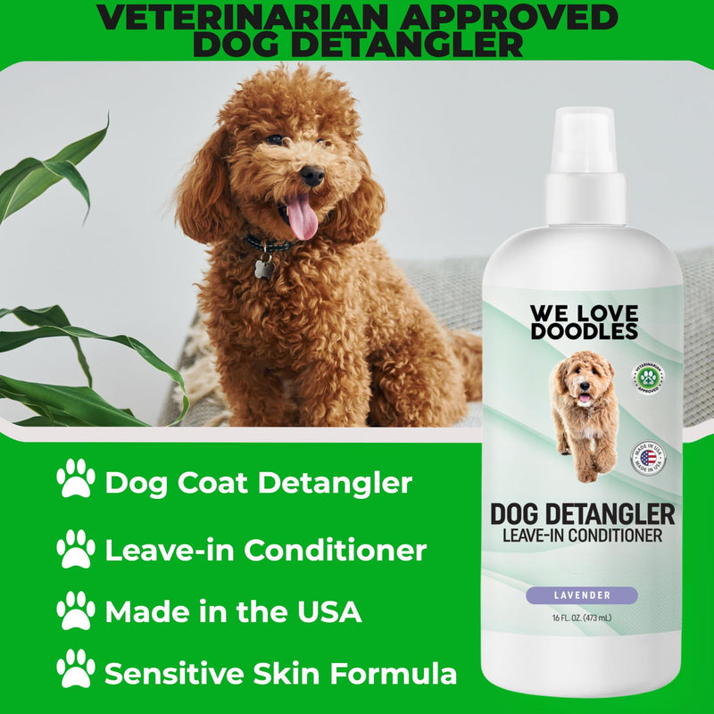 We Love Doodles Dog Comb (2 Packs) & Lavender Detangler Spray 16oz – Pet Grooming Essentials, Stainless Steel Rounded-End Dematting Metal Comb for Dogs, Dog Leave-In Conditioner Spray for Detangling