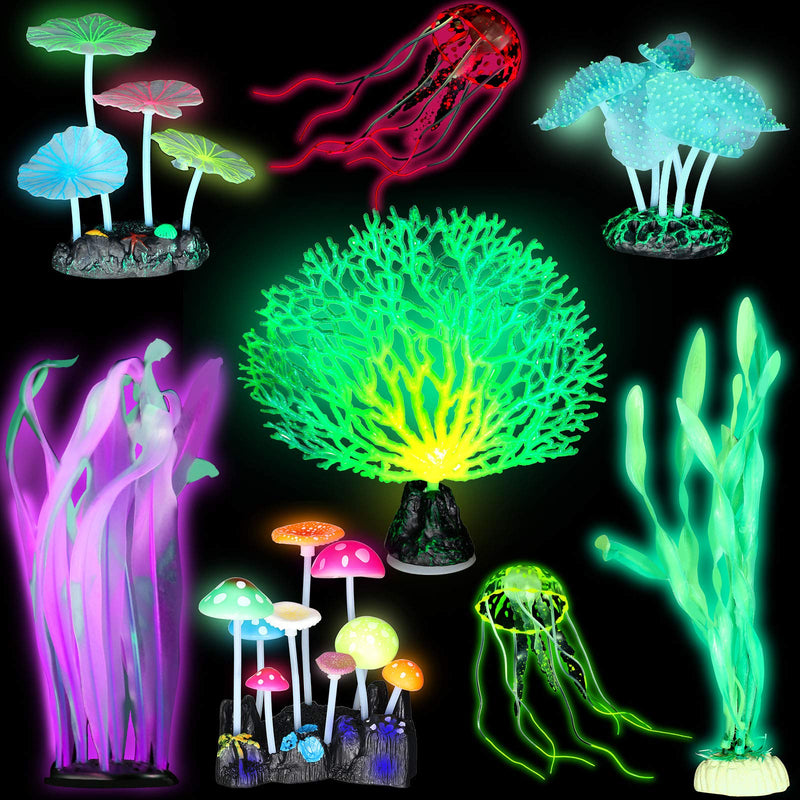 Frienda 8 Pieces Glowing Fish Tank Decorations Plants with 2 Style Glowing Kelp, Sea Anemone, Simulation Coral, Jellyfish, Lotus Leaf, Mushroom for Aquarium Fish Tank Glow Ornament