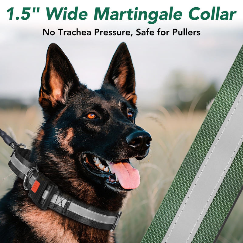 Mayerzon 1.5" Wide Reflective Martingale Collar for Large Dogs, Patented No Pull Heavy Duty Walking Training Dog Collar for Pitbulls German Shepherds, with Buckle, 2 D-Rings, Adjustable (Green, L) Green L: 16.5" - 20.75" - PawsPlanet Australia