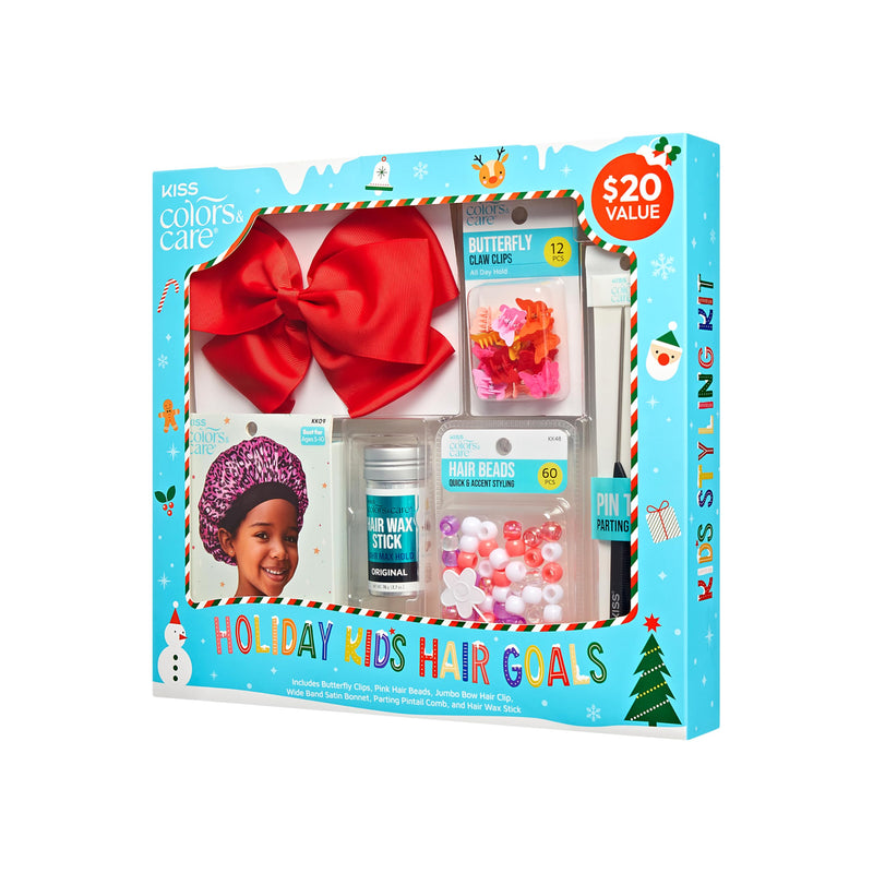 KISS Colors & Care Holiday Hair Goals Kids Hair Styling Gift Set, 12 Pc. Butterfly Claw Clips, 60 Pc. Pink Hair Beads, Wideband Satin Bonnet, Jumbo Bow Hair Clip, Hair Wax Stick, Parting Pintail Comb One Size (Gift Set)