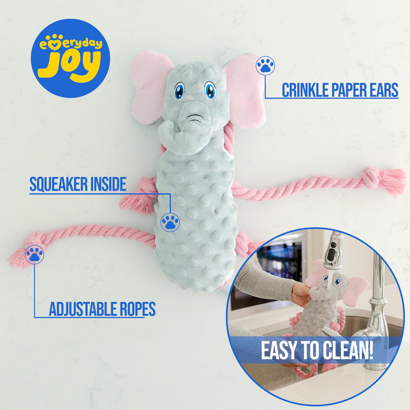 Squeaky Dog Stuffed Animals Chew Toy - Crinkle Paper Tug of War Rope Plush Dog Toy - Soft Tough Squeaker Dog Entertainment Toys for Home Alone - Fun Boredom Busters for Dogs - Elephant - PawsPlanet Australia