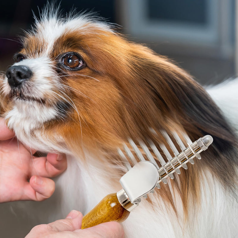 TAKAVU Dematting Fur Rake Comb Brush for Dogs and Cats, Safety Steel Blades Detangling Pet Brush, Undercoat Grooming Brush Cutting and Removing Dead Matted Knotted Hair for Doodles Poodles Terrier - PawsPlanet Australia