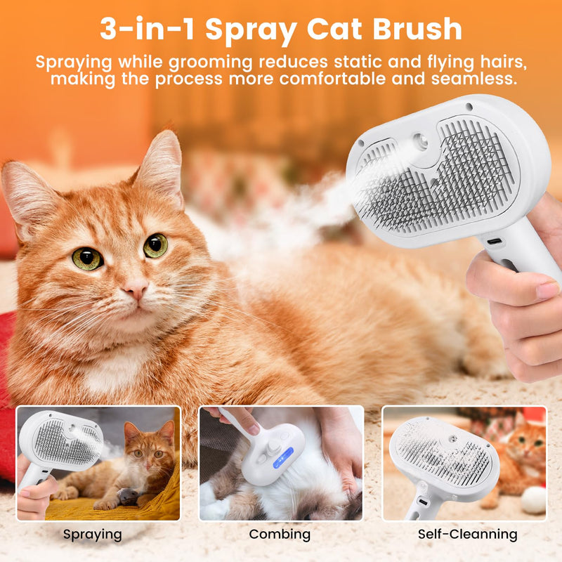 Cat Steam Brush for Shedding, Steamy Cat Brush for Long & Short Haired Cats & Dogs, Spray Cat Brush for Pet Grooming, Self-Cleaning Pet Hair Removal Comb with Water Tank - PawsPlanet Australia