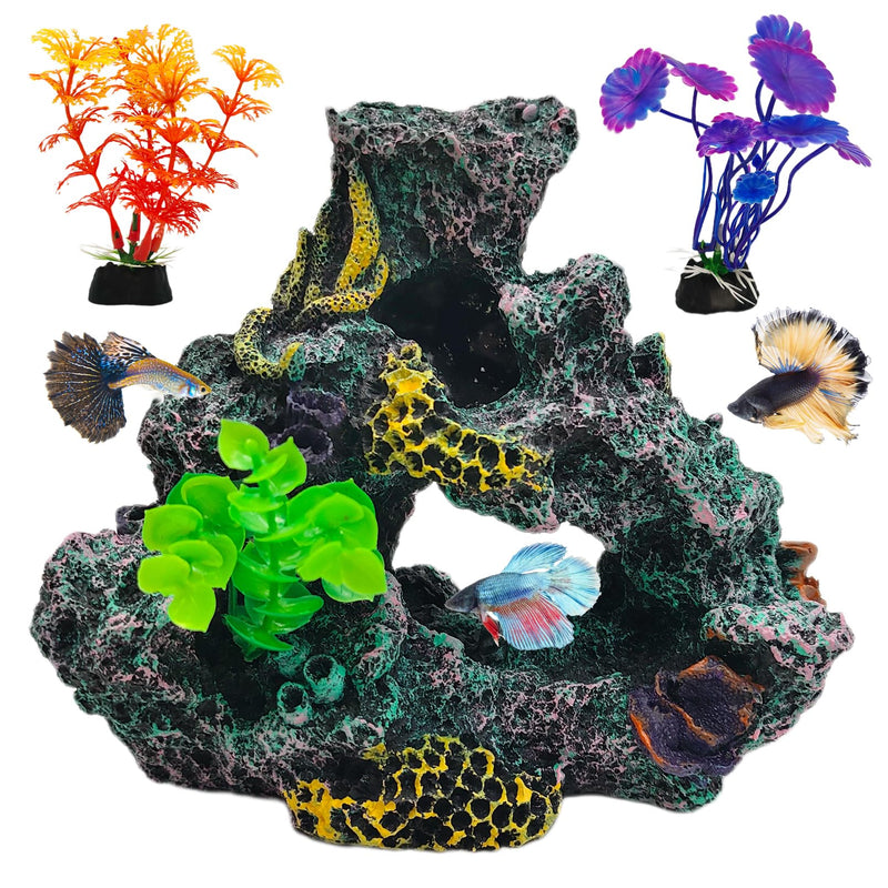 Hamiledyi Aquarium Coral Reef Decor Resin Betta Fish Tank Decorations for Aquarium Artificial Betta Fish Hideout House Small Goldfish Betta Fish Tank Ornament Accessories with 2Pcs Aquatic Plants