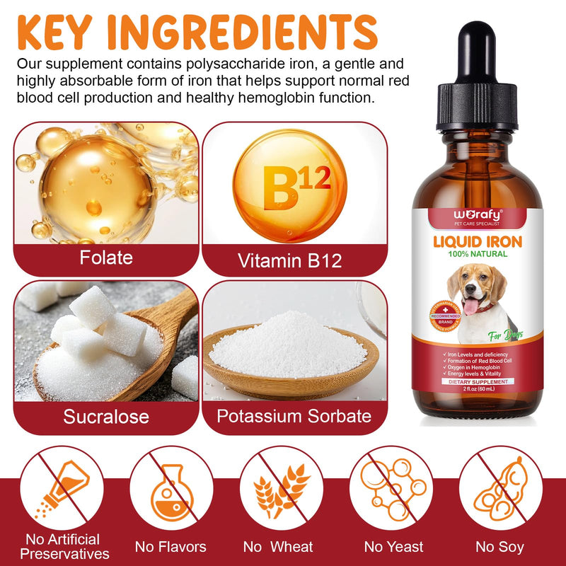 Liquid Iron Supplements for Dogs,LiquiI Iron Drops with Folate VC and B12,Supports Anemia, Low Enery Levels and Lethargy,Promotes Blood Health, Helps with Formation of Red Blood Cell- 2 fl.oz