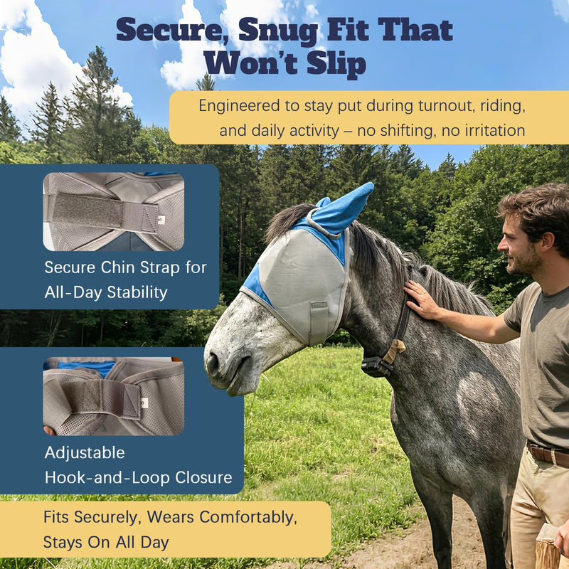 Horse Fly Mask with Ears, Breathable UV Protection Mesh, Large Eye Space No Rubbing, Soft Fleece Trim, Adjustable Comfort Fit, Lightweight Horse Mask for Summer Turnout (M) Medium