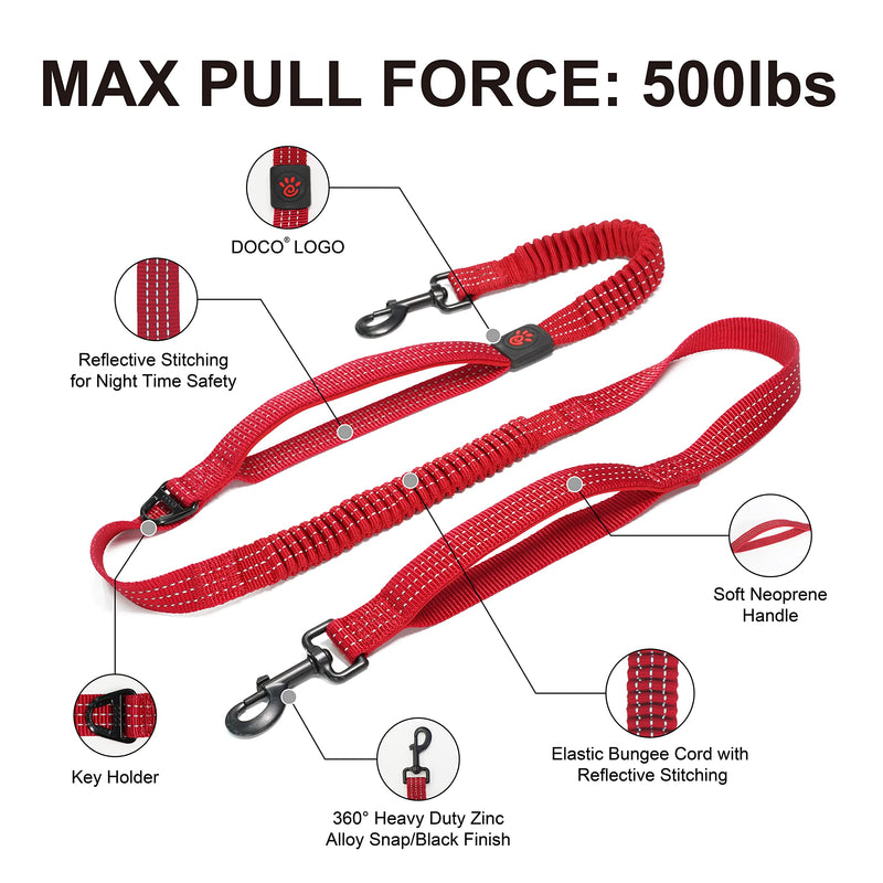 DOCO Heavy Duty Hands Free Dog Leash, Retractable Bungee for Running Walking Jogging, Training, Hiking │ Adjustable Waist Belt, Reflective Stitches, Dual Handle (Medium-Large Dogs, 20-100 lbs) Red Original - PawsPlanet Australia