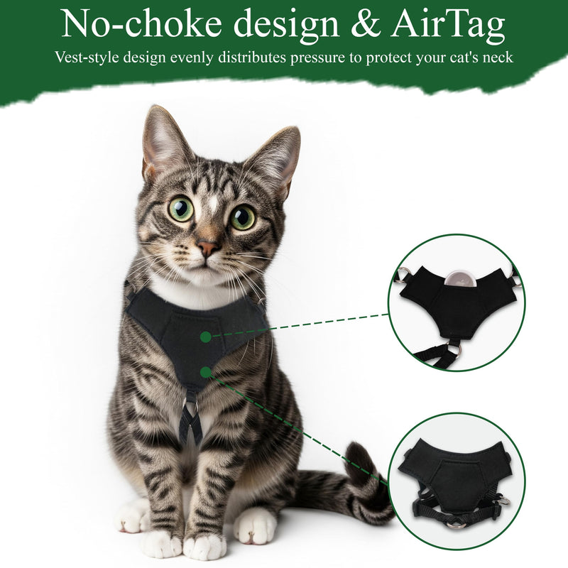 A1HC Escape Proof Cat Harness and Leash - Soft Adjustable Vest, Comfortable Mesh and Long Strips with Air Tag Pocket, Easy Control, Safe Walking Harness for Cats & Kittens - Black (Medium) Medium - PawsPlanet Australia