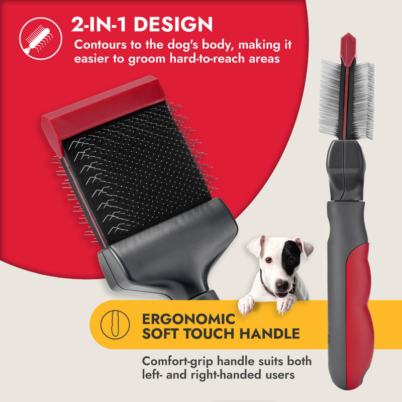 KONG Double-Sided Flexible Slicker Brush – De-Shedding & Detangling Tool, Padded Grip, Long Metal Pins, Flexible Head, for Medium to Large Dogs with Medium to Long Coats, Red/Gray - PawsPlanet Australia