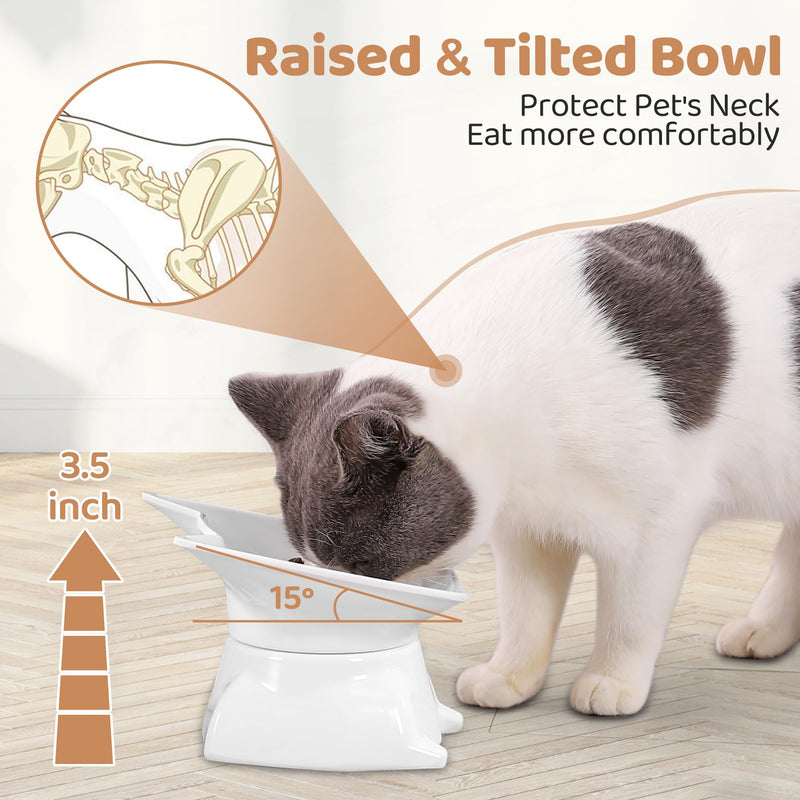 Small Elevated Slow Feeder Cat Bowl, Cute Tilted Elevated Bowls and Dishes for Cats & Small Dogs, Whisker Friendly, Anti Vomiting Raised Pet Bowl for Dry and Wet Food, White - PawsPlanet Australia