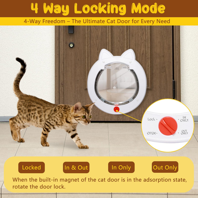 Cat Door with 4 Way Lock, Cats Doors for Interior Exterior Gate, Weatherproof Magnetic Pet Door for Cats and Small Dogs, Cat Flap Doors, Easy to Install, 7.5" x 7.5" Inner Frame (White) - PawsPlanet Australia