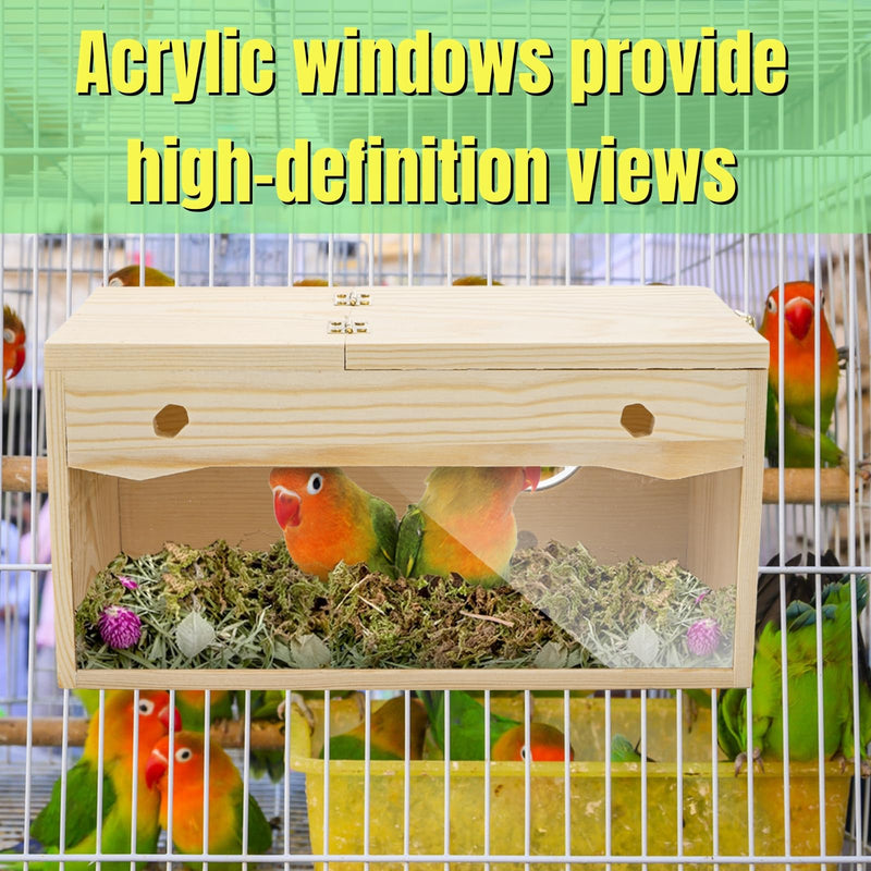 Hiceeden Visual Parakeet Nesting Box, Premium Pine Bird Nest Box with Perch, Transparent Acrylic Bird Cage House Wooden Breeding Box for Budgie, Finch, Lovebirds, Cockatiel, Parrot, 9.8×4.9×5 Inches - PawsPlanet Australia