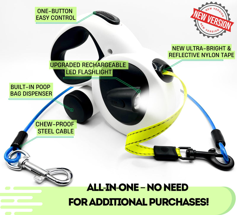 Snuggle Paws 16ft Retractable Dog Leash – All-in-One with LED Flashlight, Poop Bag Holder, Heavy Duty Chew-Proof Steel Cable & Reflective Tape – Compact, No-Tangle Leash for Small Dogs up to 44 lbs S | 16.4 ft | 44 lbs - PawsPlanet Australia