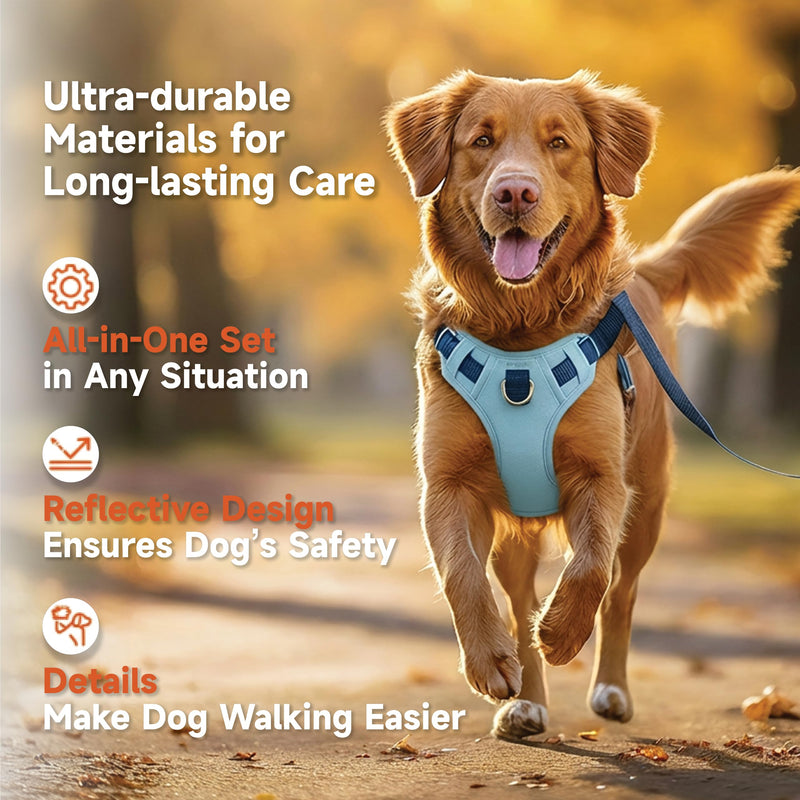 3 in 1 No Pull Dog Harness Leash and Collar Set, Soft Adjustable Dogs Vest Reflective and Comfortable Handle Blue Medium M(Neck:15-22",Chest:21-27") 44-65 lbs