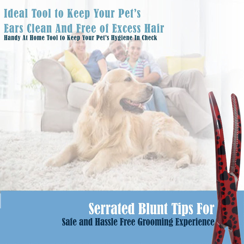Dog Pet Ear/Nose Hair Puller Grooming Hemostat Locking Forceps Curved Pliers, 5.5" (14cm) Full Serrated Clamps Stainless Steel (Red Paws) - PawsPlanet Australia