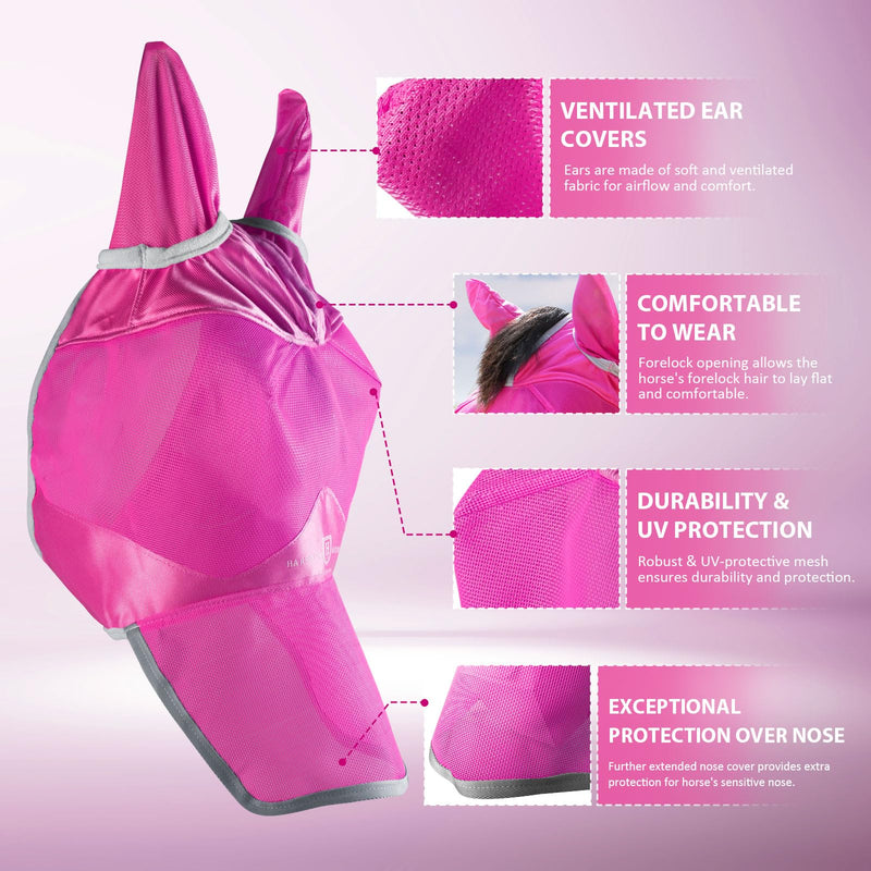 Harrison Howard UV-Proof Forelock Opening Reliable Protection Horse Fly Mask Long Nose with Ears Magenta Horse Large Horse (Large)