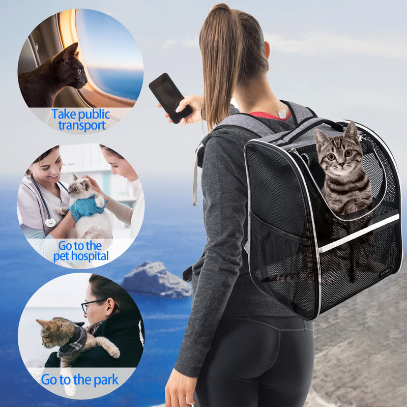BAGLHER Pet Carrier Backpack, Ventilated Design, Pet Travel Backpack with Comfortable Shoulder Straps, Thicker Bottom Support, Two-Way Entrance Pet Carrier Backpack, Black Mesh Black Non-Expandable