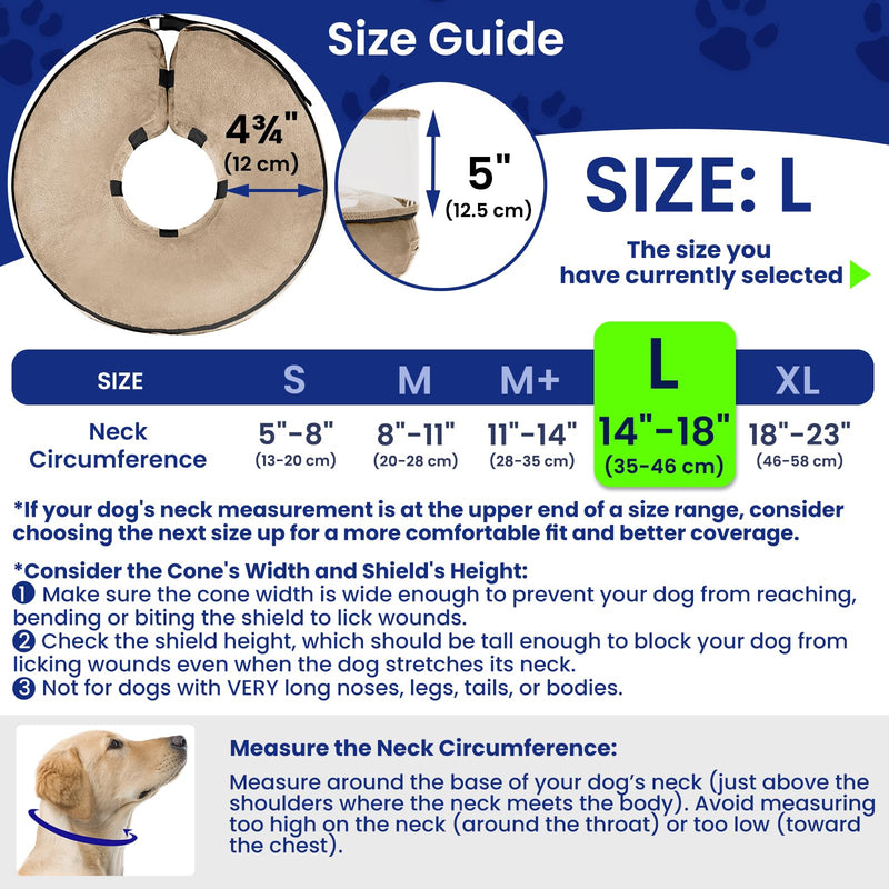 BARKLESS Dog Donut Collar, Inflatable Cone for Dogs to Stop Licking After Surgery, Protective Surgery Collar with Anti-Licking Shield, Soft Pillow Cone for Large Pets Tan L