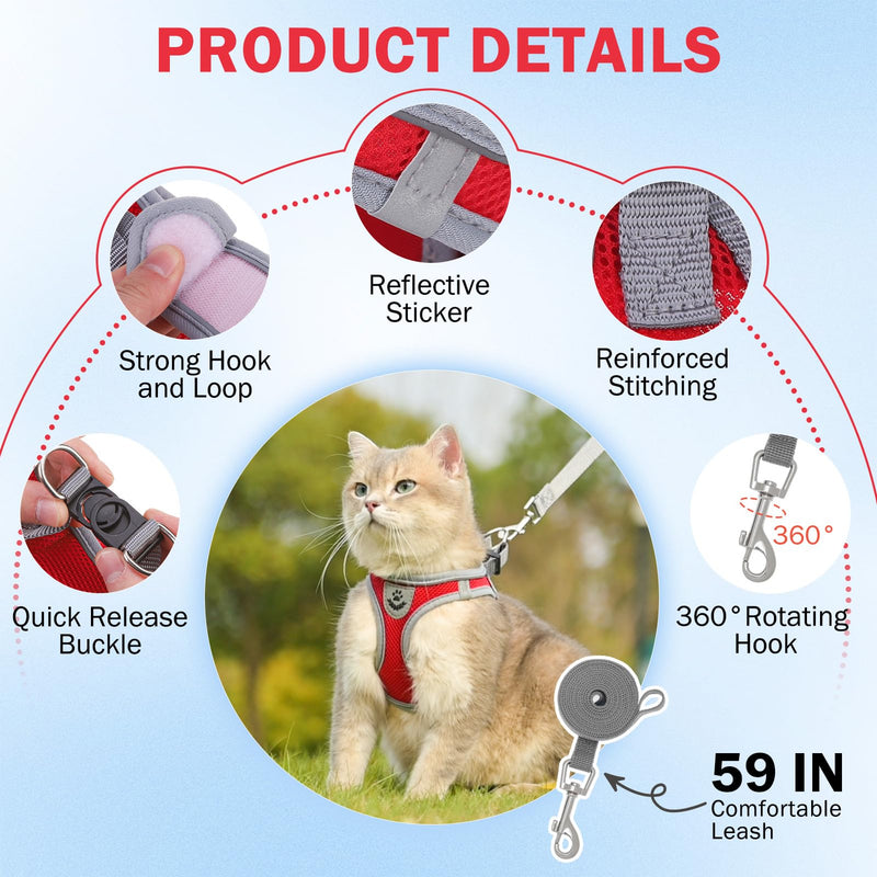 SCENEREAL Cat Harness and Leash Set Escape Proof, Adjustable Soft Air Mesh Kitten Harnesses for Girls Boys Small Medium Big Cats, Reflective Light Travel Pet Walking Vest for Puppy Rabbit, Red M Red (gray wrap and leash) M(Chest 13-14.5")