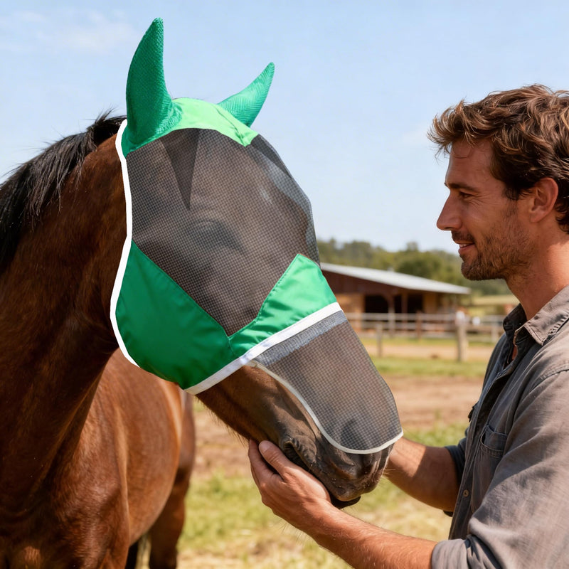 Green Fly Mask for Horses with Nose & Ear Coverage - UV Protection Summer Fly Mask, Breathable & Comfortable Mesh Face Mask for Horses, Adjustable Horse Fly Mask for Stable, Trail, Pasture