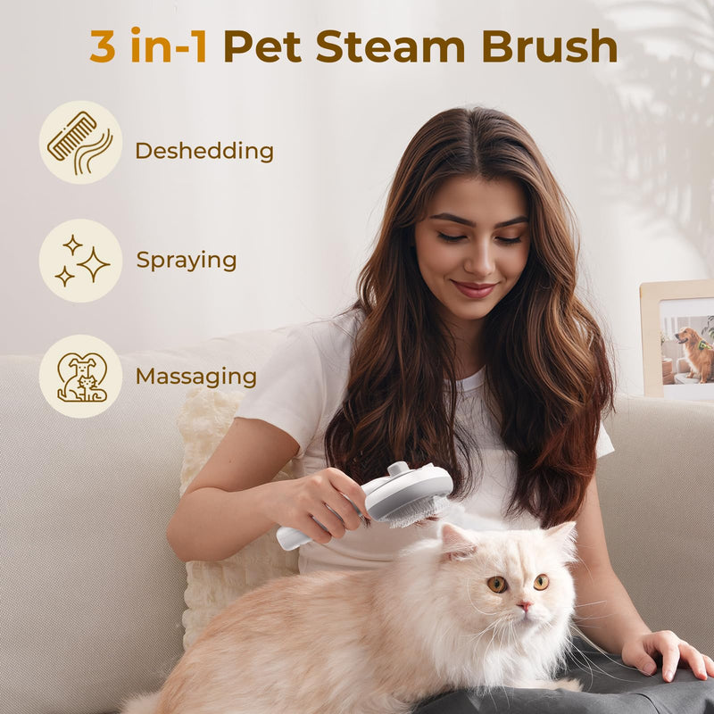 Pecute Steam Cat Brush, Self-Cleaning Cat Steam Brush with 2 Water Spray Modes, Large Capacity Tank, Dog Brush for Shedding Massaging Grooming, Cool Mist Only White - PawsPlanet Australia