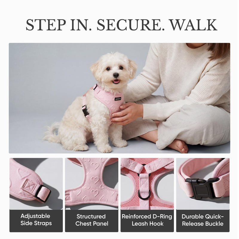 No Pull Dog Harness | Lightweight Breathable Neoprene Harness, Cute Heart Pattern, Adjustable Step-In Vest with Secure Back D-Ring, Soft Padded, For XXS-L Small Dogs – Harness Only Pink Harness - Pink M-Medium - PawsPlanet Australia