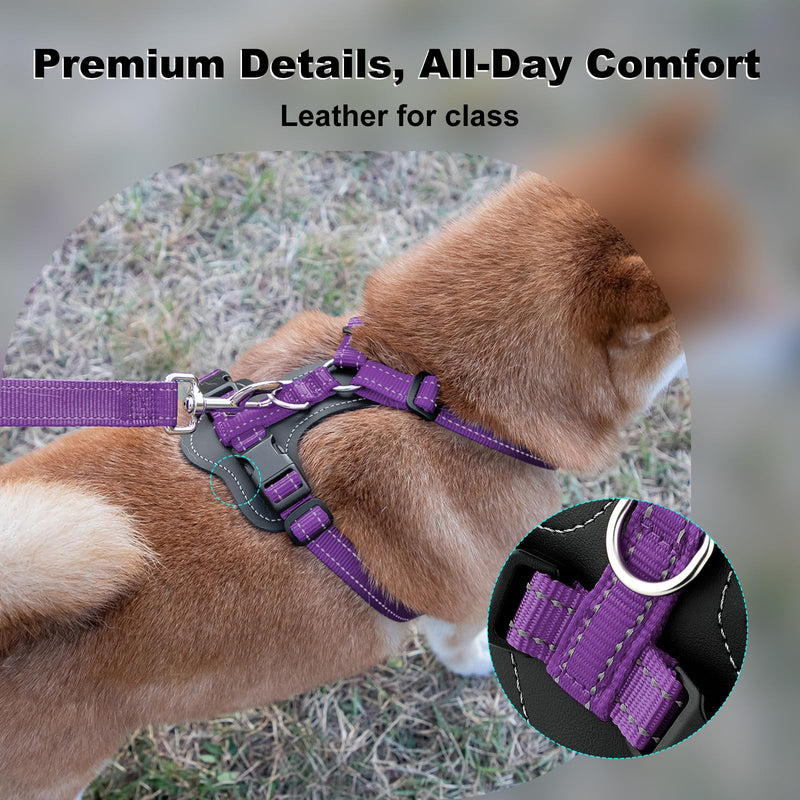 Plutus Pet Adjustable No Pull Dog Harness with Leather Accents, Heavy Duty Reflective Nylon Vest for Training, Hiking, Easy Walk Harness for Small, Medium, Large Dogs (Purple, S) Purple - PawsPlanet Australia