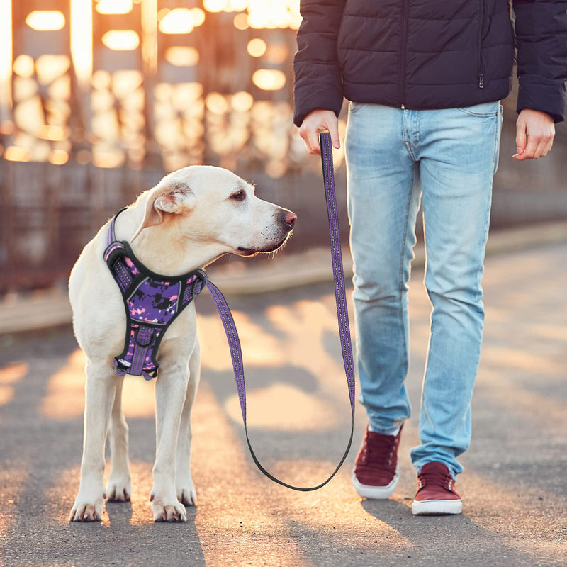 No Pull Dog Harness for Medium Dogs, Adjustable No Choke Pet Vest with Dog Leash Fit Smart Reflective Pet Walking Harness for Training Easy Control Soft Handle Purple Camo M - PawsPlanet Australia