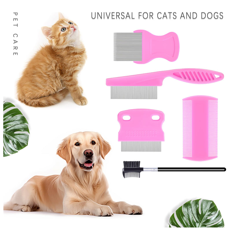 5 Pack Flea Lice Comb,Stainless Steel Dog Cat Grooming Combs With Rounded Teeth,Double-Sided Tear Stain Remover,Dematting Comb For Dogs Cats Ideal For All Types Of Small, Medium, Large Pets (Pink) Pink - PawsPlanet Australia