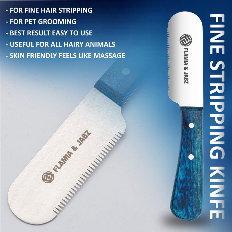 FLAMIA & JABZ FJ Professional Stripping Knife kit (6 pieces set) for Dogs & Pets, Wooden Handle Grip with Stainless Steel Blade (Right handed) (Blue) Blue - PawsPlanet Australia