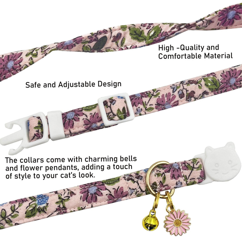 2 Pack Cotton Breakaway Cat Collars Set with Bell and Flower Pendant, Cute Floral Fruit Patterned, Adjustable 7.5-11Inch, Include A Mouse Toy Gift beige+dark pink - PawsPlanet Australia